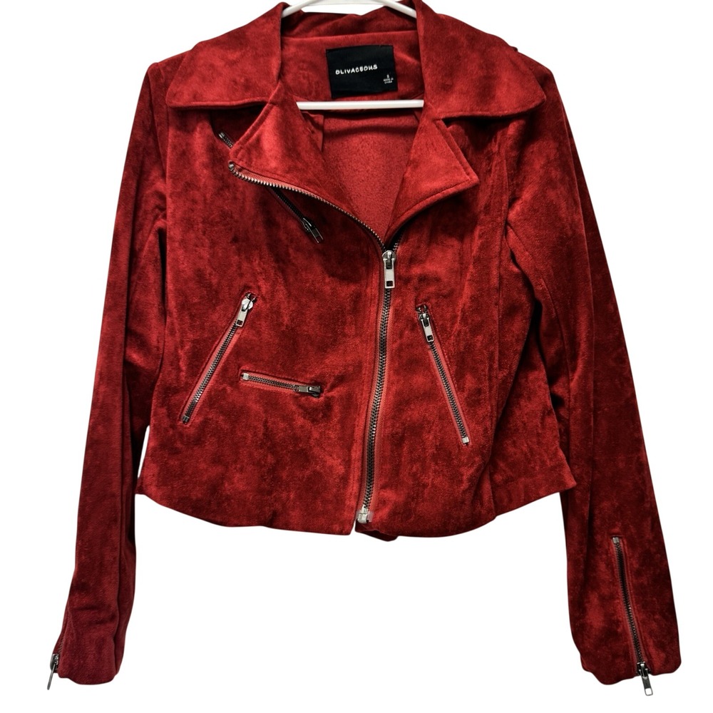 Olivaceous Moto Jacket Women Small Red Faux Suede Asymmetrical Zip Biker Edgy